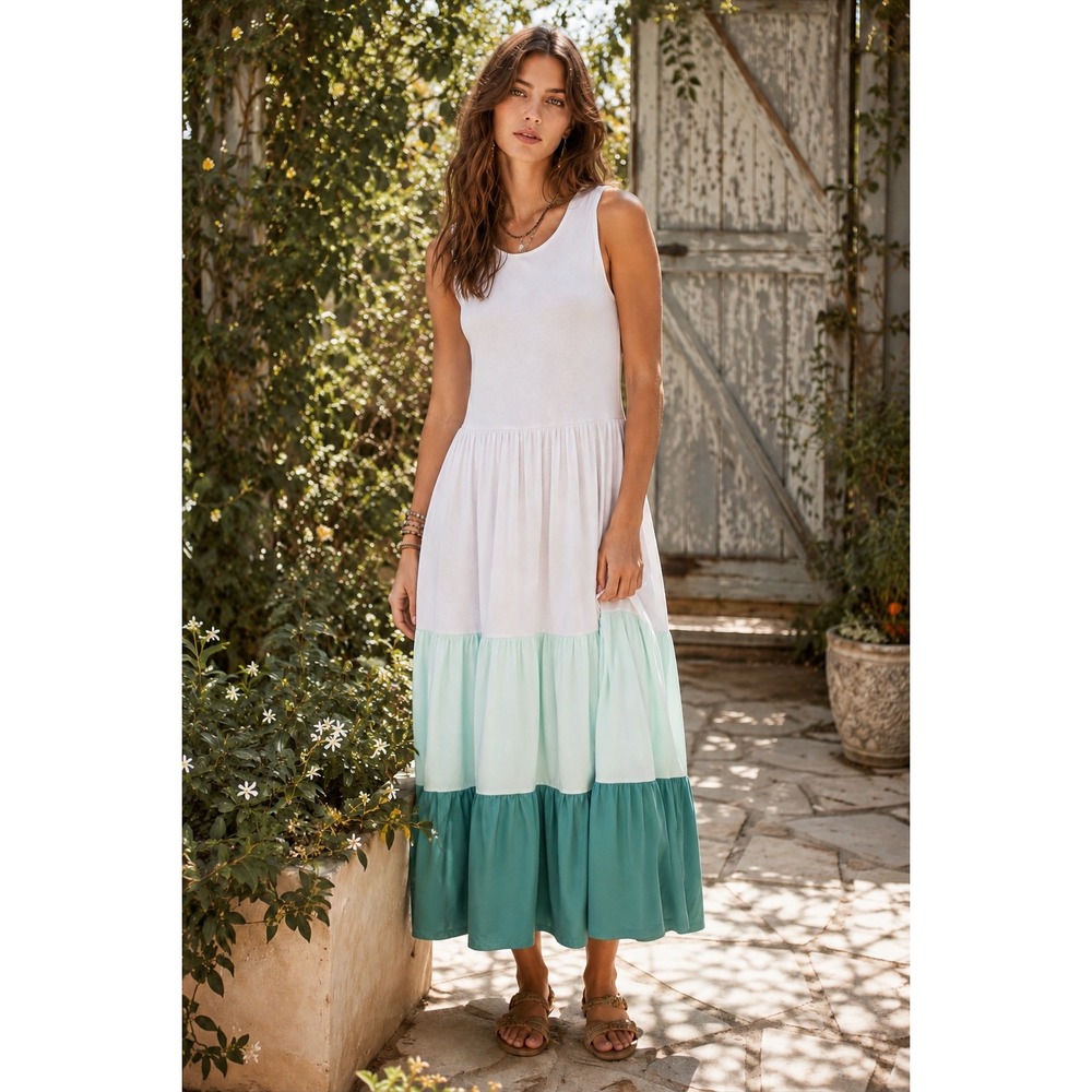 Lands End Colorblock Tiered Maxi Dress Pink Green Teal Stretch Knit M 10-12